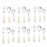 Eighteen-piece stainless steel cutlery set with gold-plated handles including forks, spoons, and knives on white background